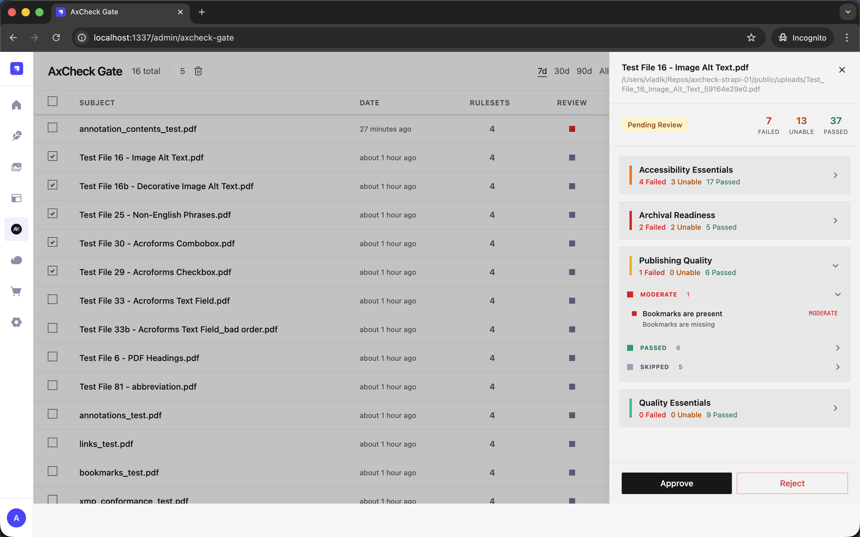 AxCheck CMS validation gate in Strapi blocking publish on validation failure
